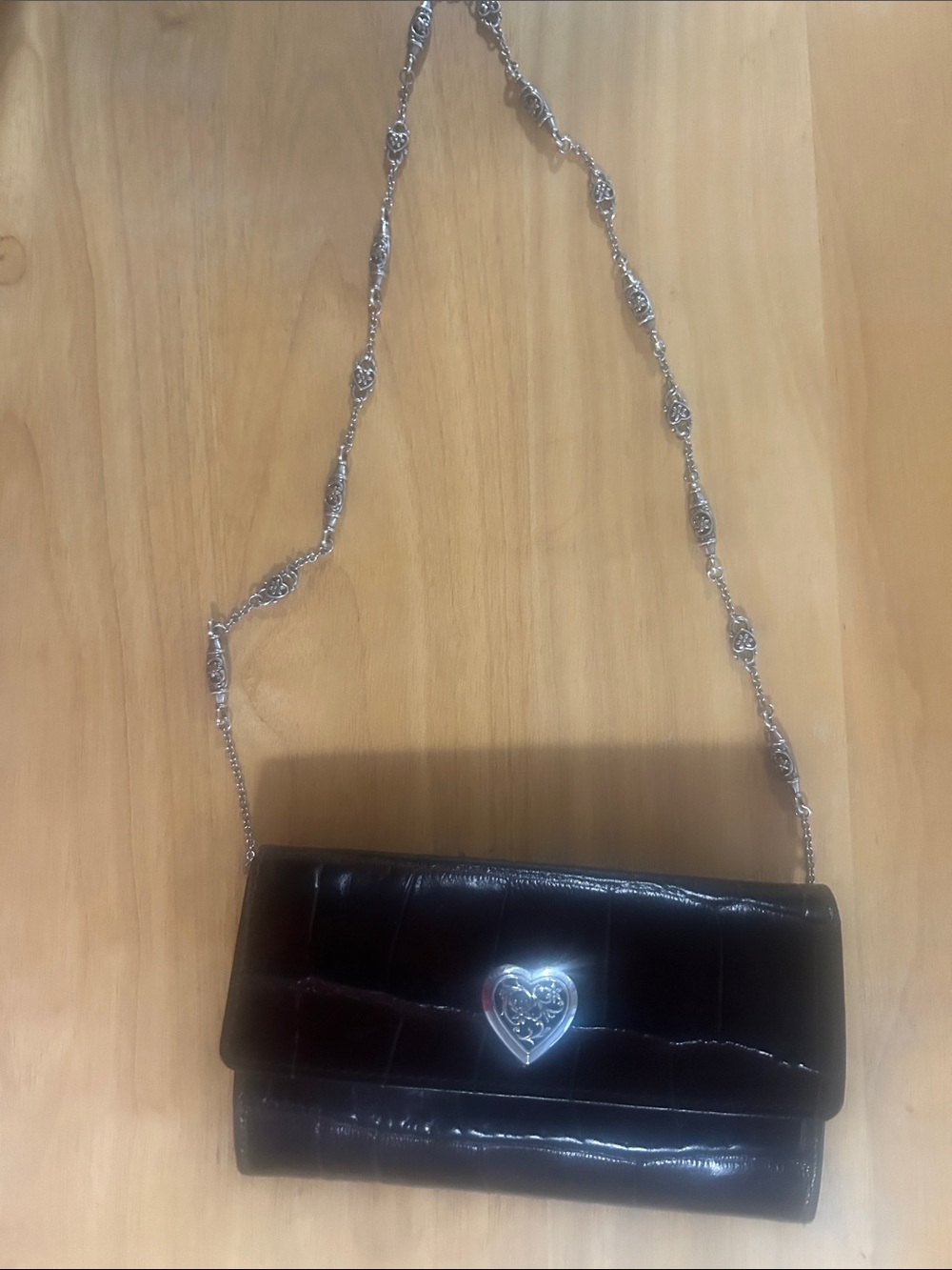 Women's Brighton Brown Croc-Embossed Chain Shoulder Bag with Heart Accent